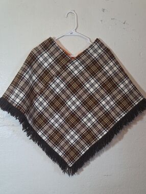 Vintage Plaid Fringe Poncho in Brown, Black, Orange & Cream Womens Small-Medium
